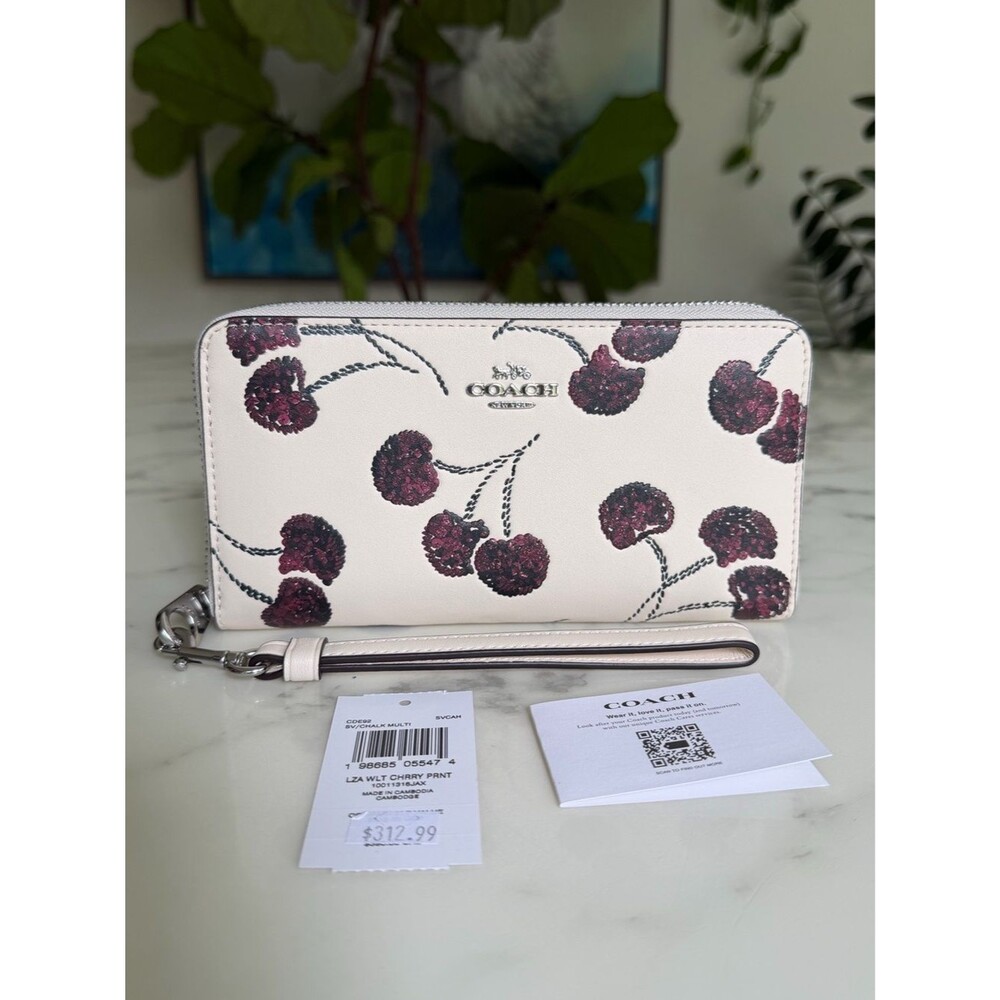 NWT Coach Long Zip Around Wallet With Cherry Print Chalk Leather CDE92